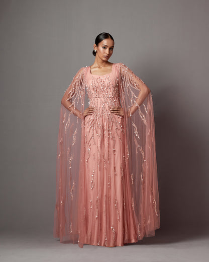 Dust Rose Net Hand Embroidered Gown With Cape