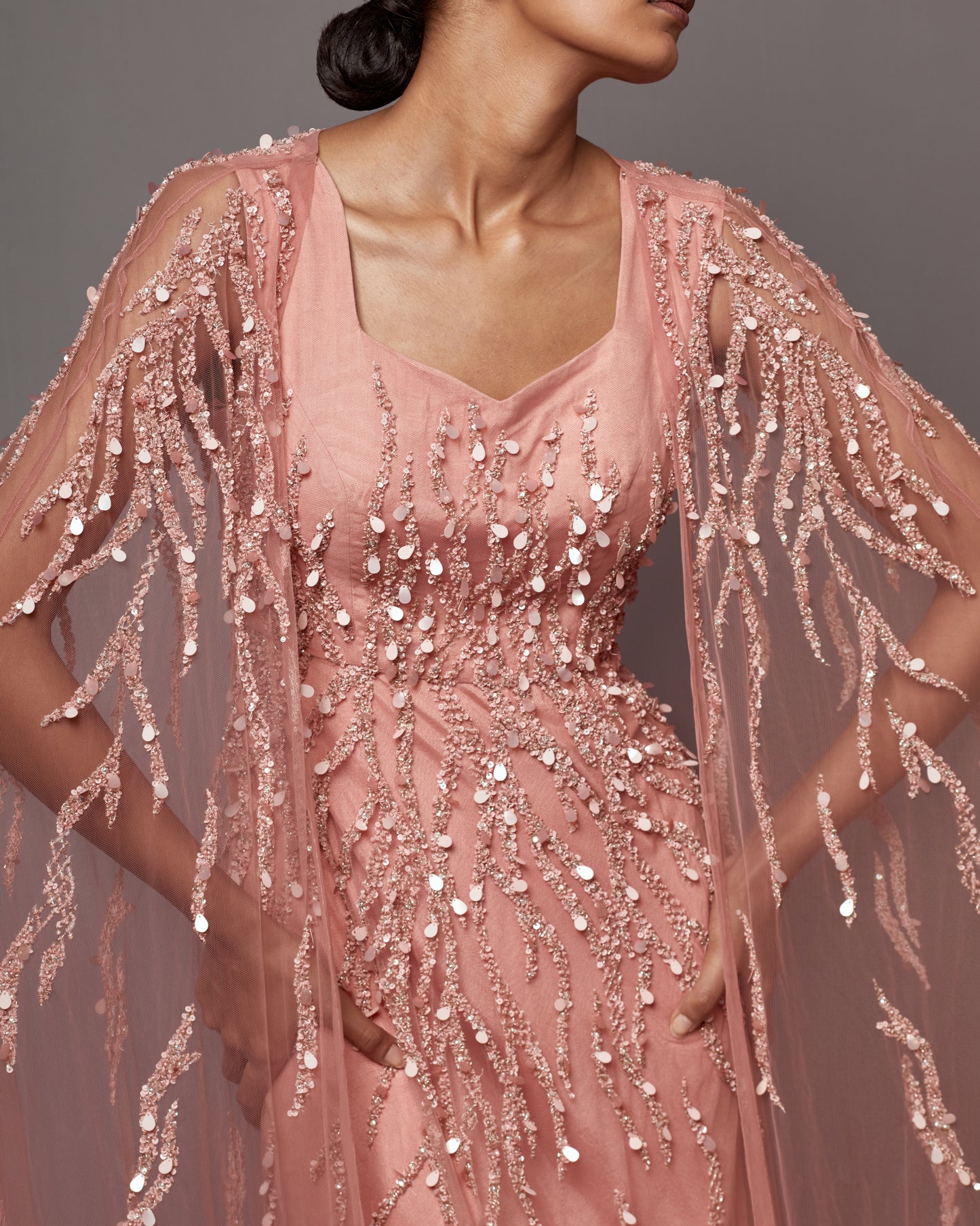 Dust Rose Net Hand Embroidered Gown With Cape