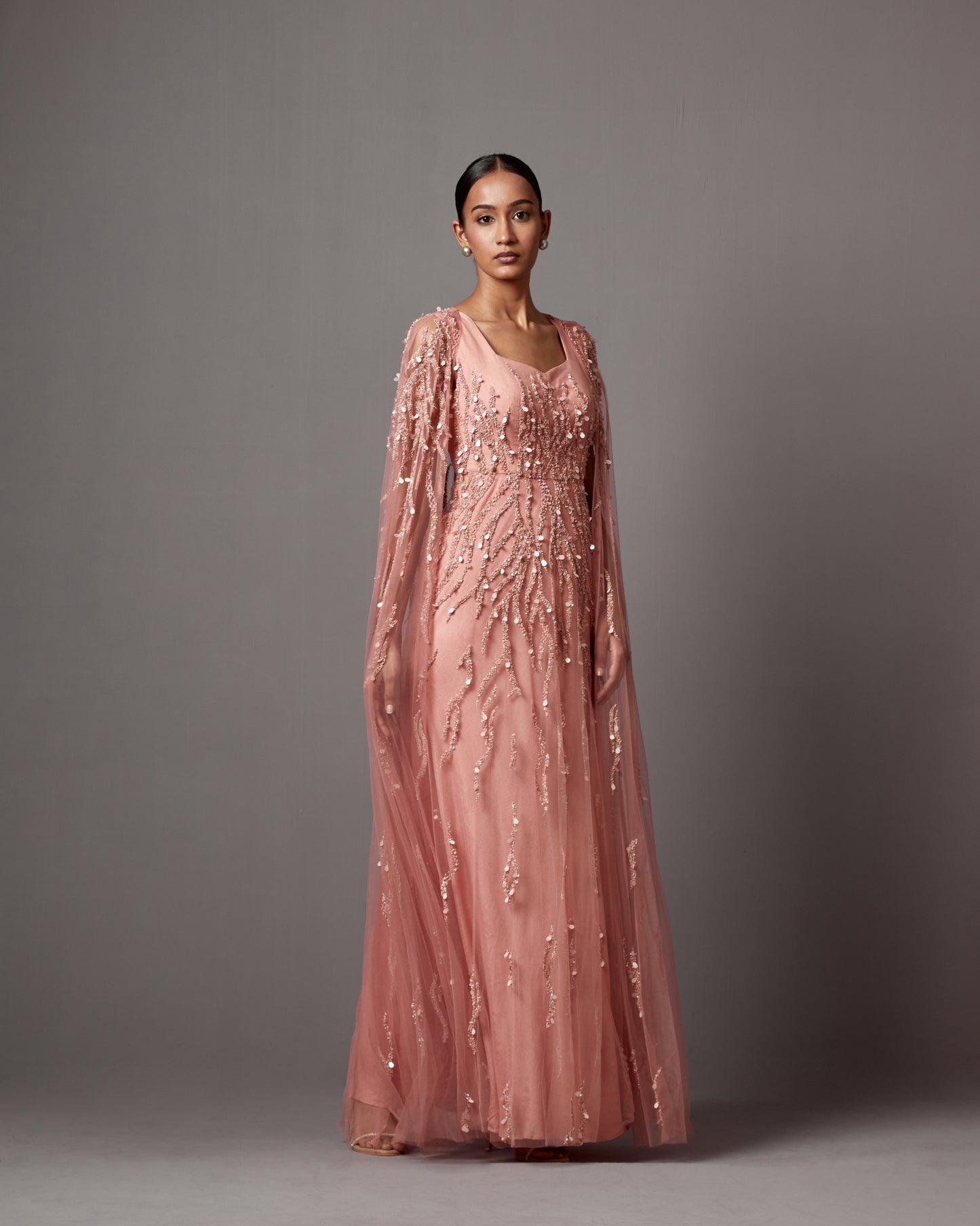 Dust Rose Net Hand Embroidered Gown With Cape