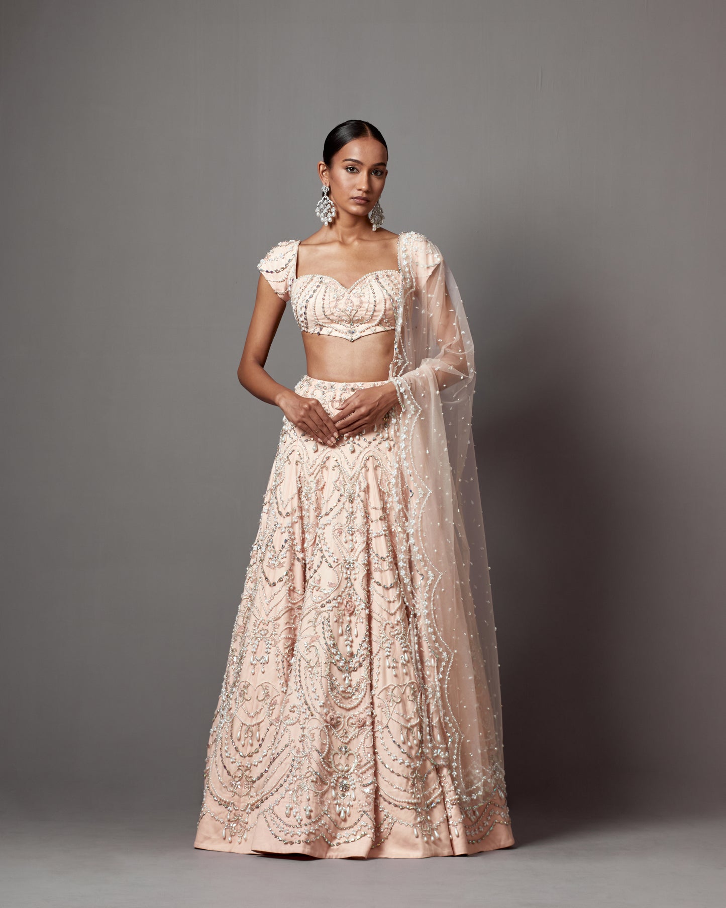 Pastel Pink Net Pearl Handwork Lehenga Set