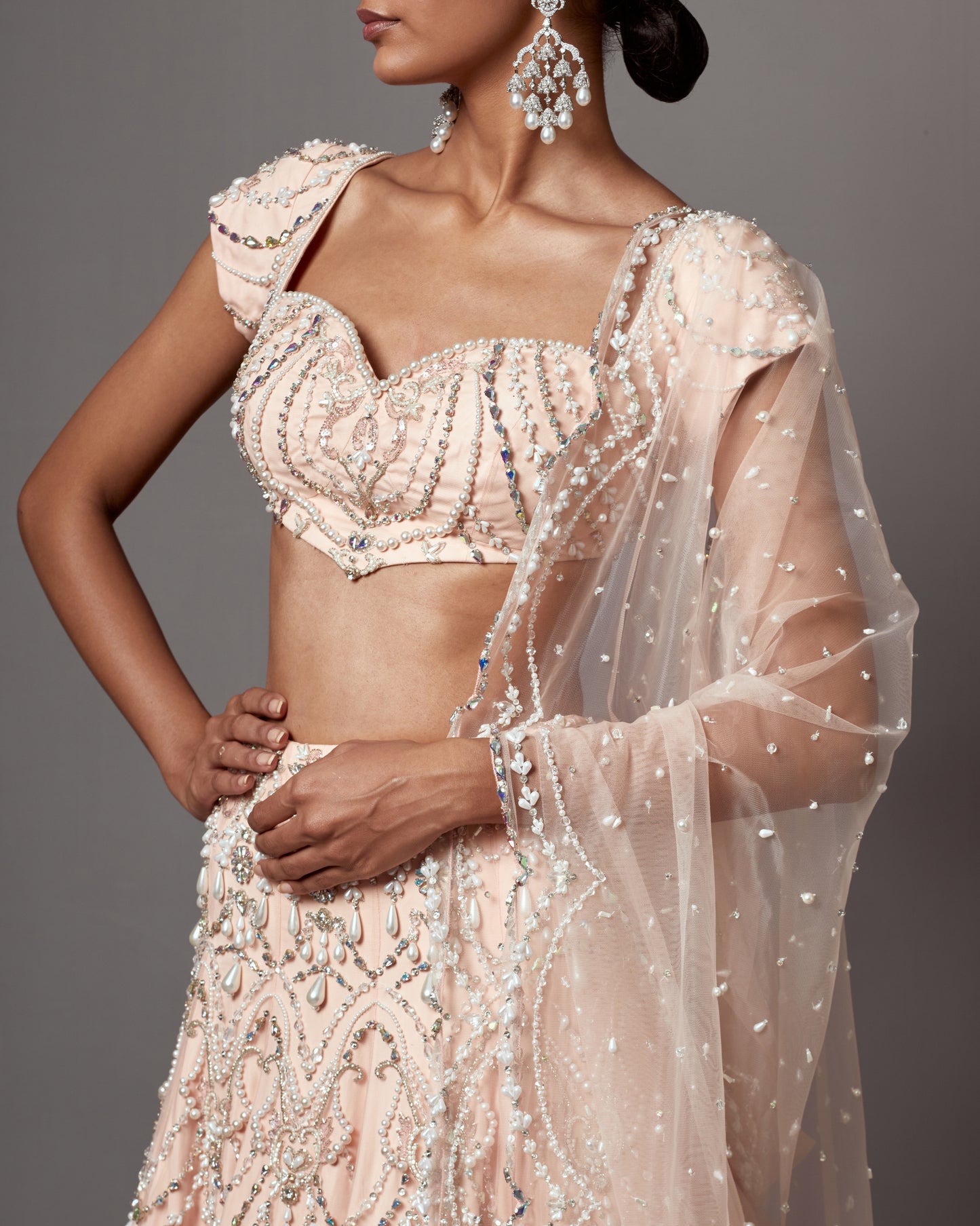 Pastel Pink Net Pearl Handwork Lehenga Set