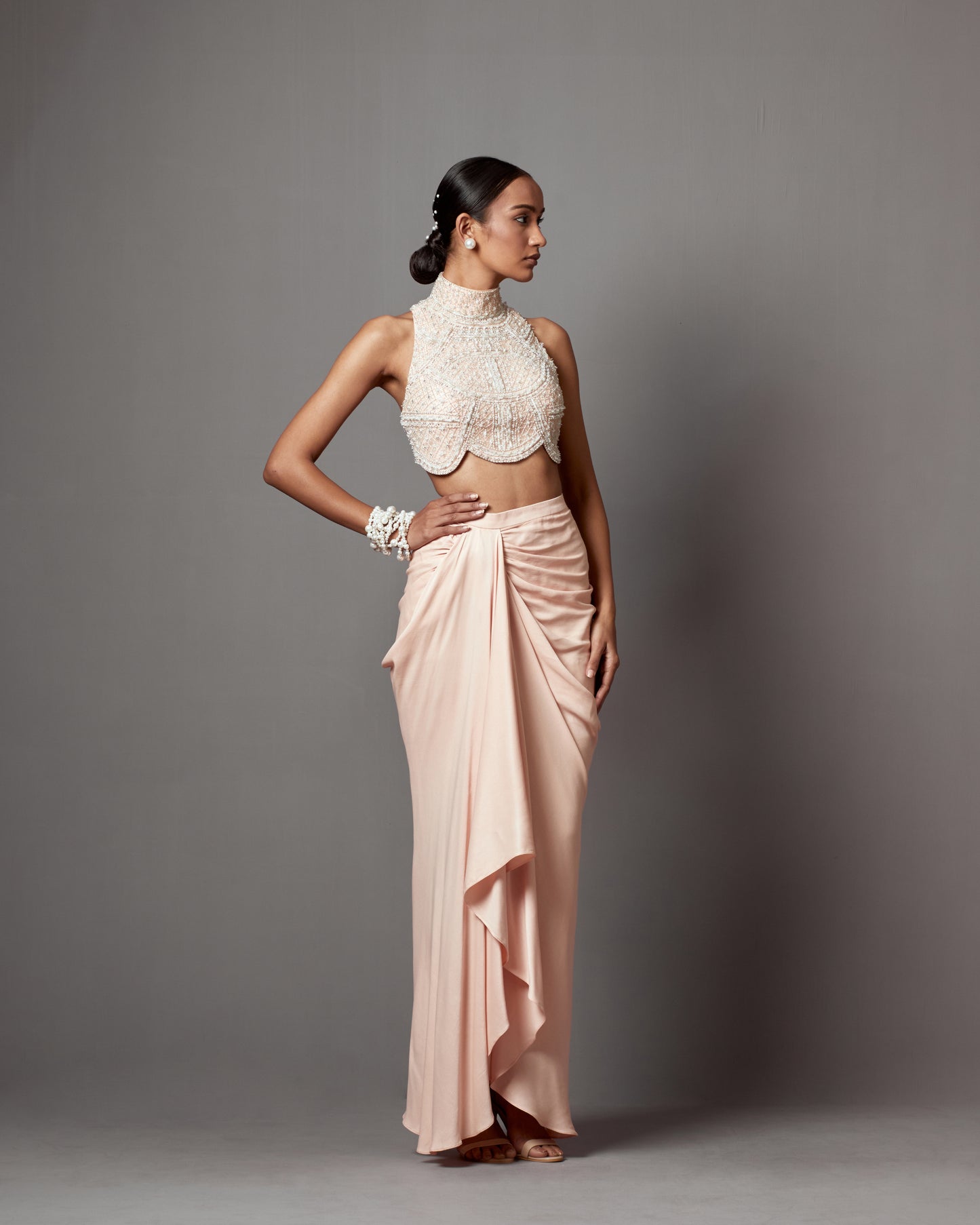 Pastel Pink Dull Crepe Satin Wrap Skirt Set