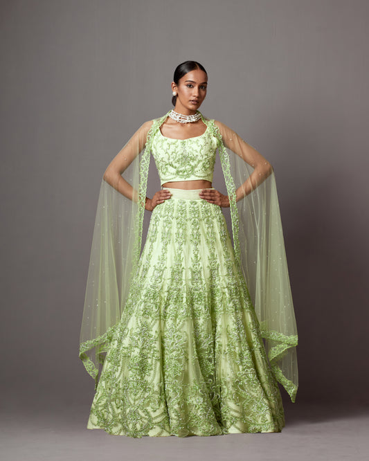 Lime Green Net Pearl Embellished Lehenga Set