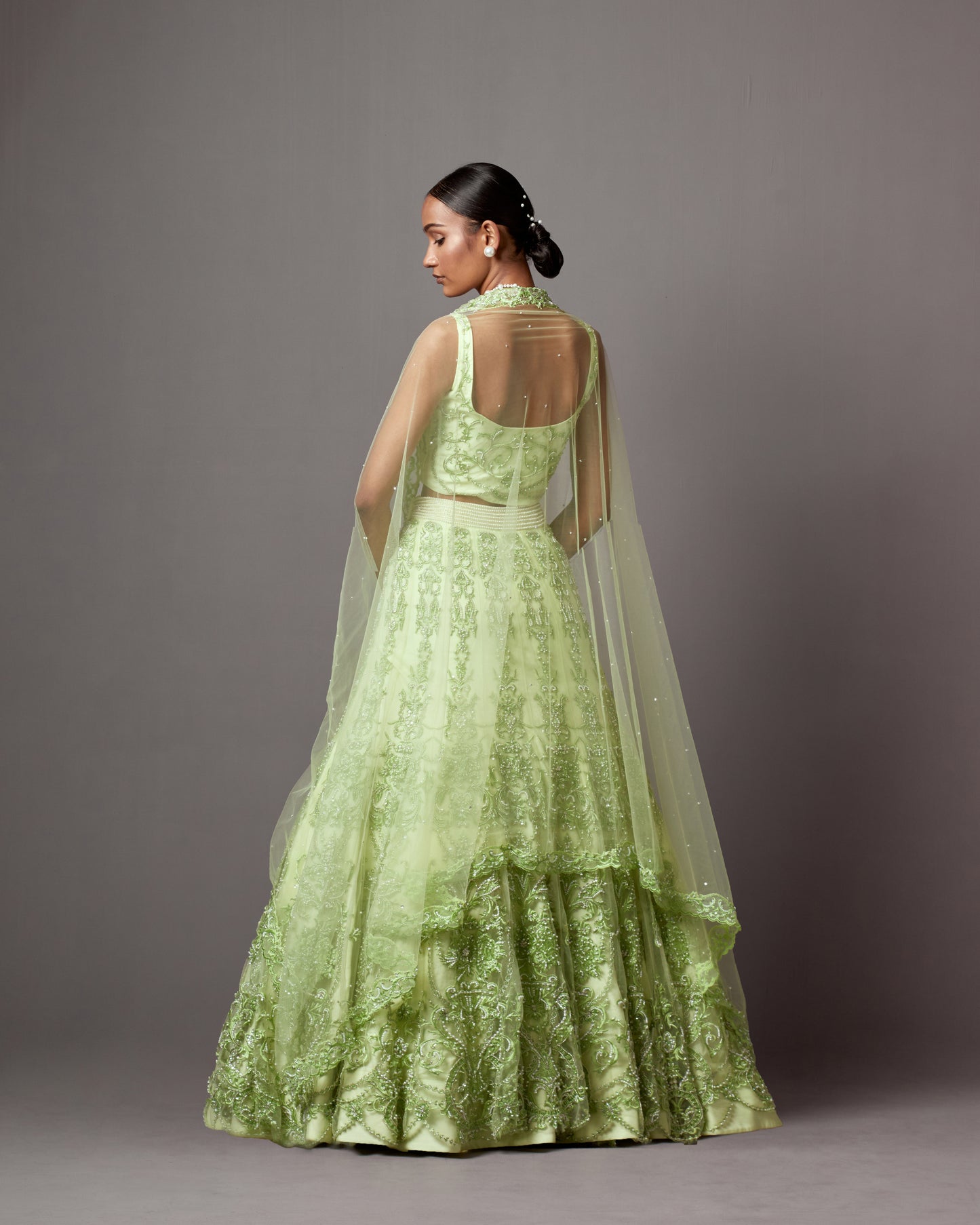 Lime Green Net Pearl Embellished Lehenga Set