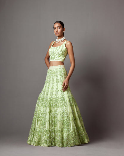 Lime Green Net Pearl Embellished Lehenga Set