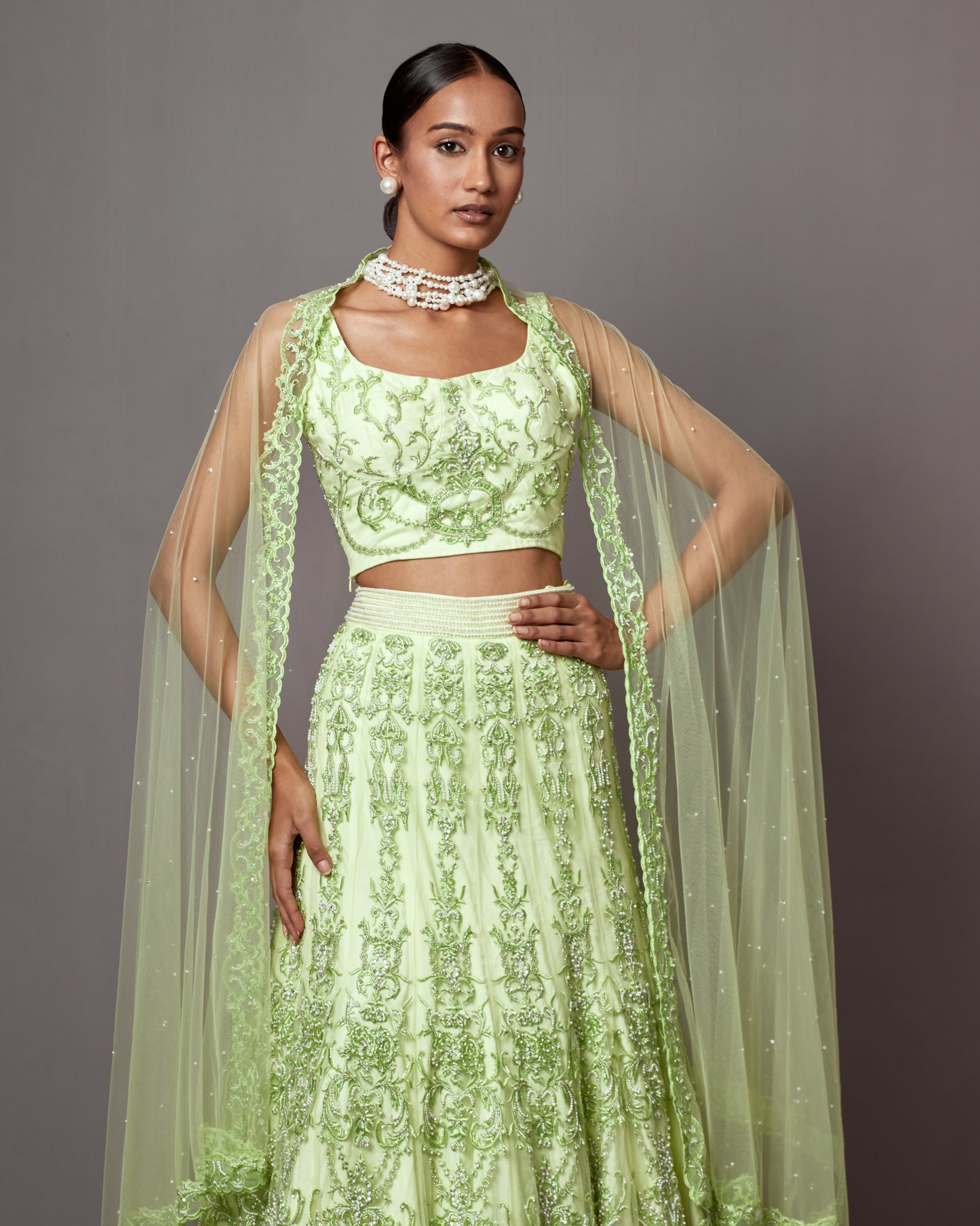 Lime Green Net Pearl Embellished Lehenga Set