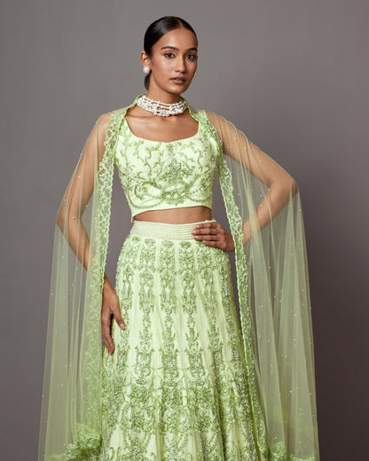 Lime Green Net Pearl Embellished Lehenga Set