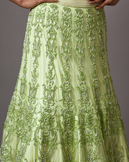 Lime Green Net Pearl Embellished Lehenga Set