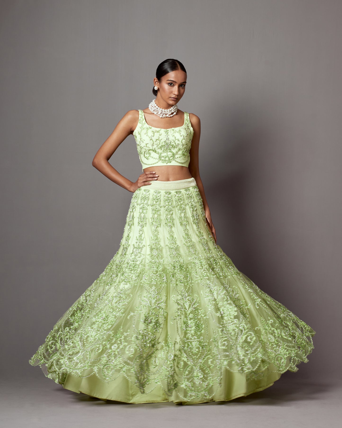 Lime Green Net Pearl Embellished Lehenga Set