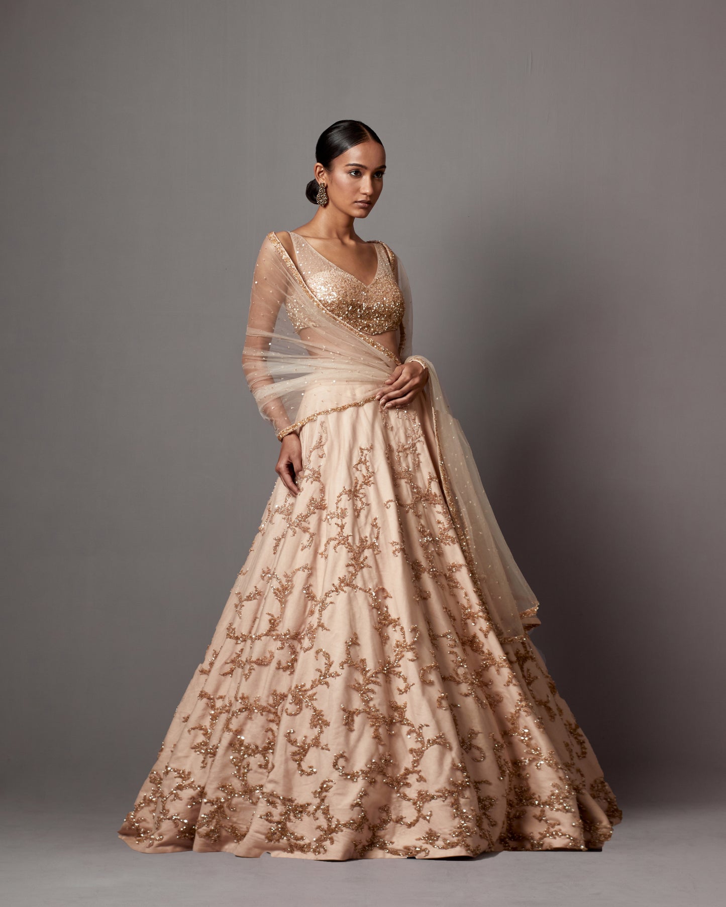 Beige Net Hand Embroidered Lehenga Set