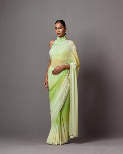 Lime & Yellow Georgette Crystal Work Ombre Saree Set