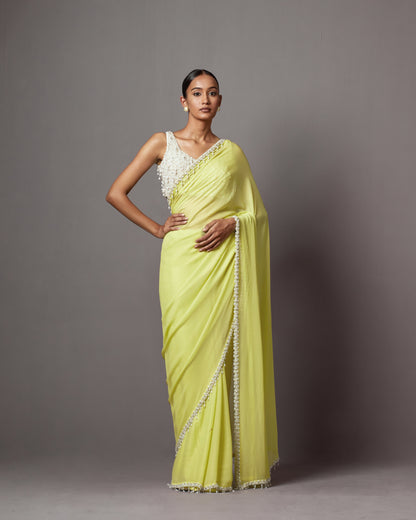 Lime Georgette & Net Embellished Jacket Saree Set