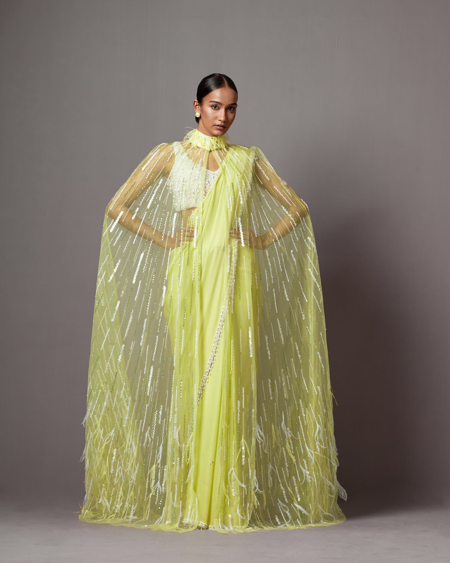 Lime Georgette & Net Embellished Jacket Saree Set