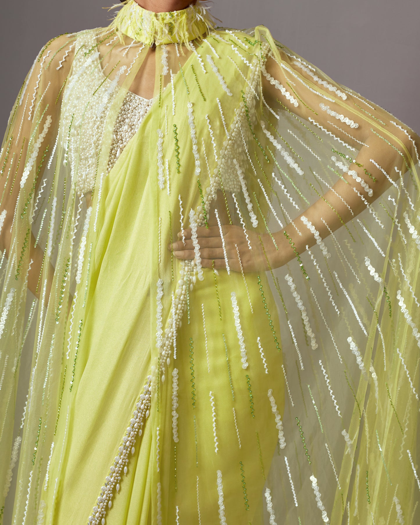 Lime Georgette & Net Embellished Jacket Saree Set