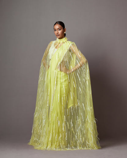 Lime Georgette & Net Embellished Jacket Saree Set