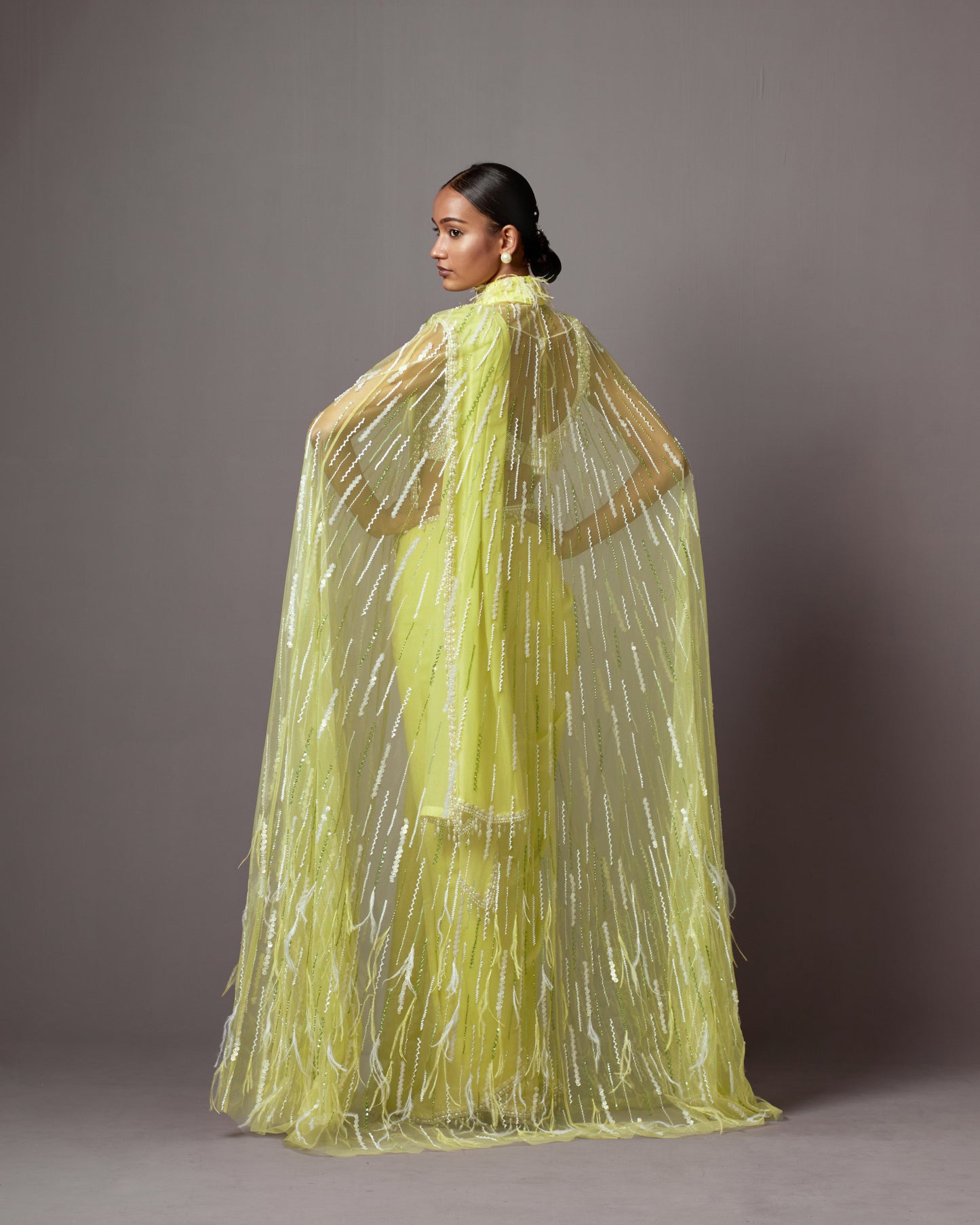 Lime Georgette & Net Embellished Jacket Saree Set