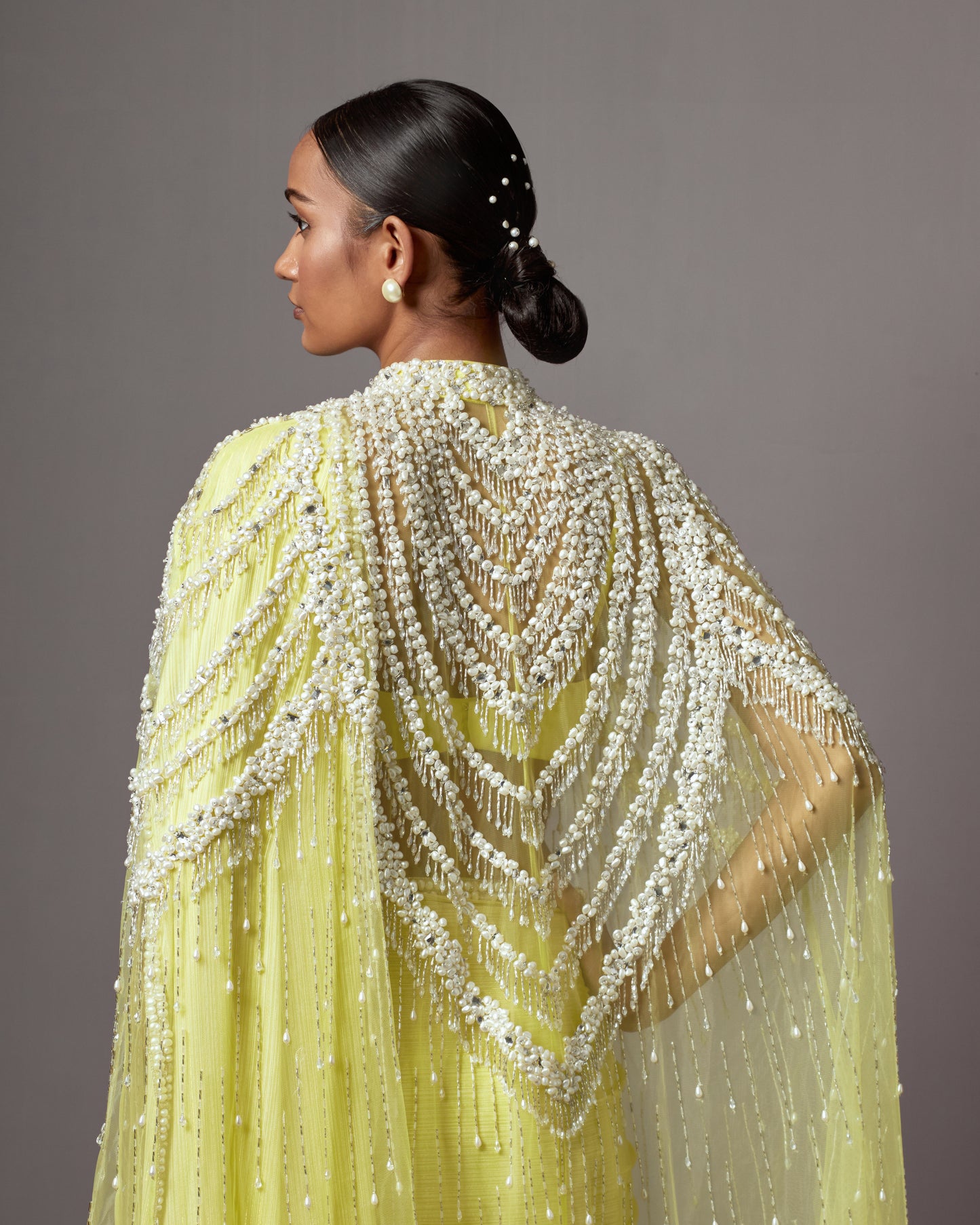 Lime Net & Georgette Baroque Pearl Embroidered Jacket Saree Set