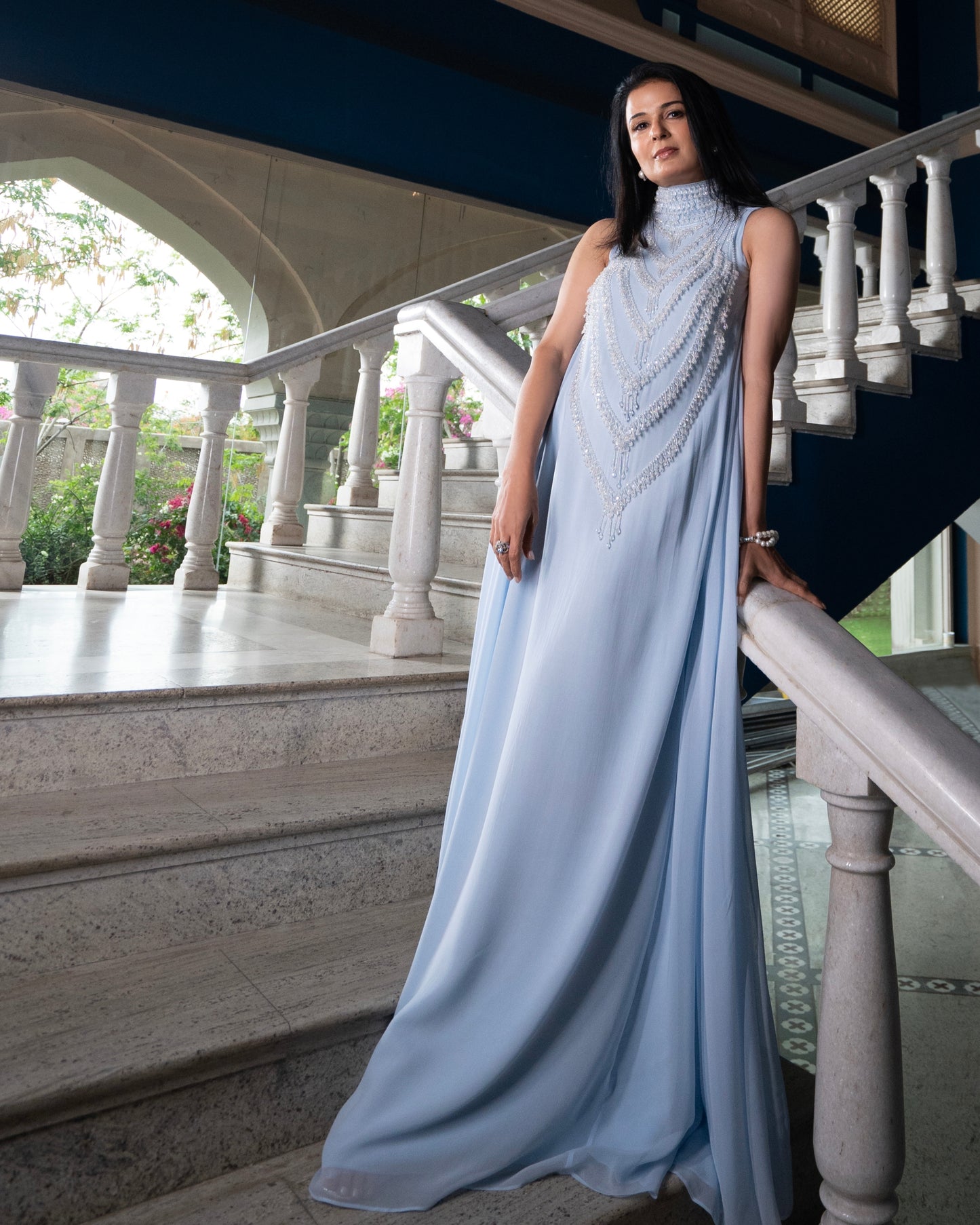 Ice Blue Georgette Embroidered Gown