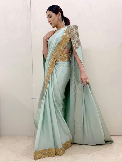 Green Saree With Applique Hand Work