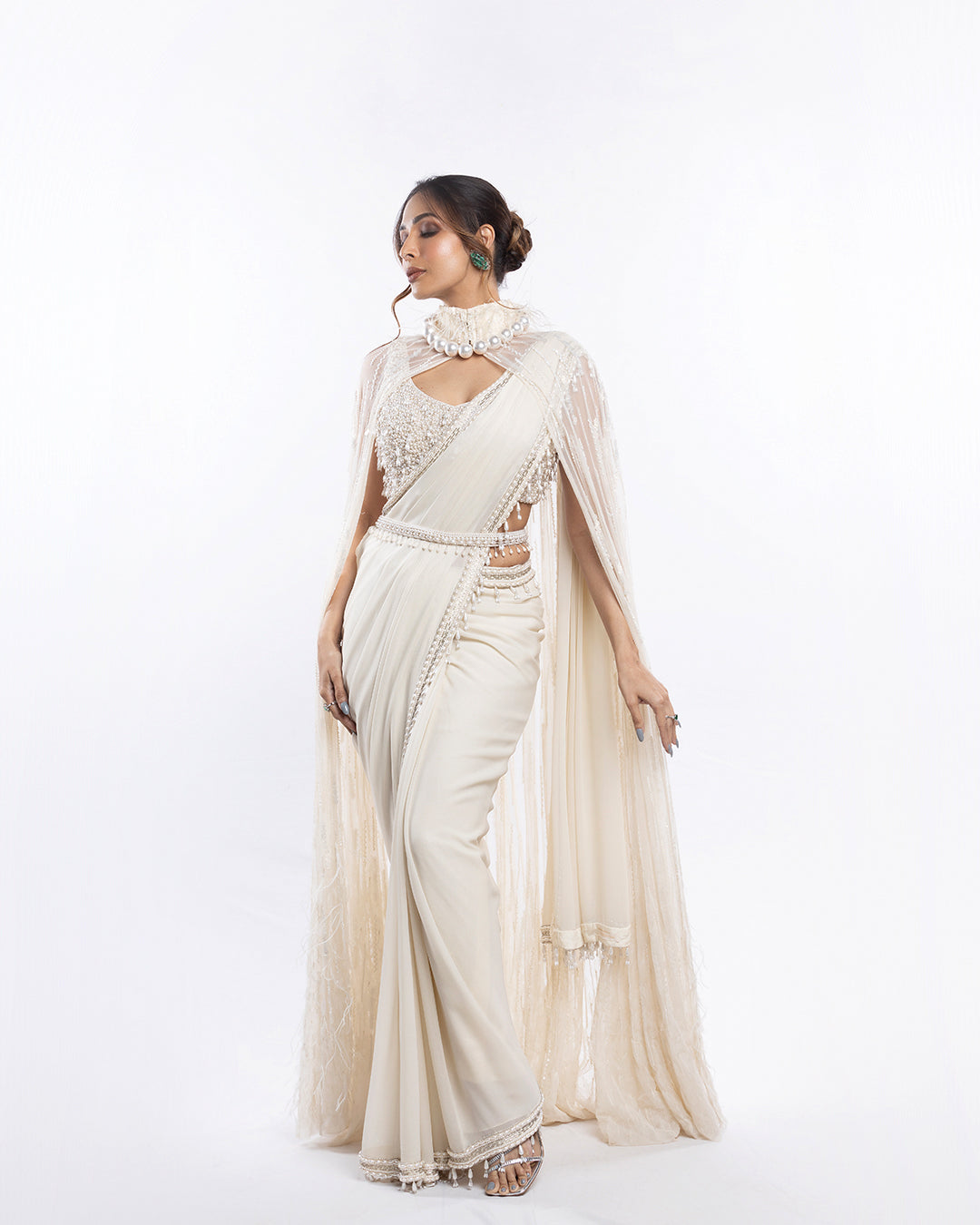 Ivory Foil Georgette Saree Set