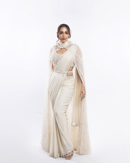 Ivory Foil Georgette Saree Set