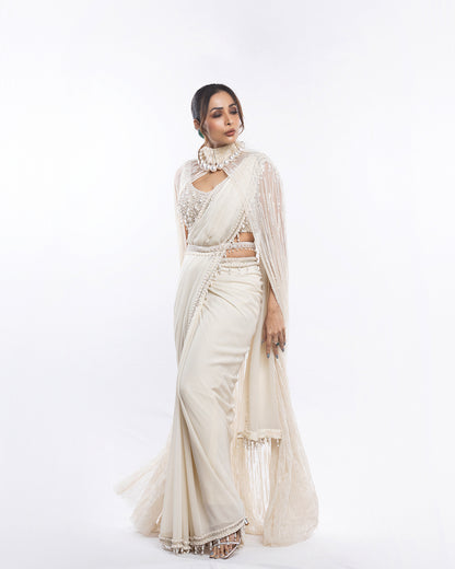 Ivory Foil Georgette Saree Set