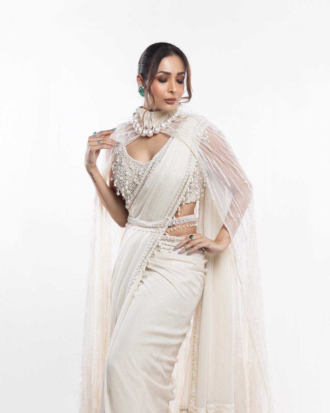 Ivory Foil Georgette Saree Set