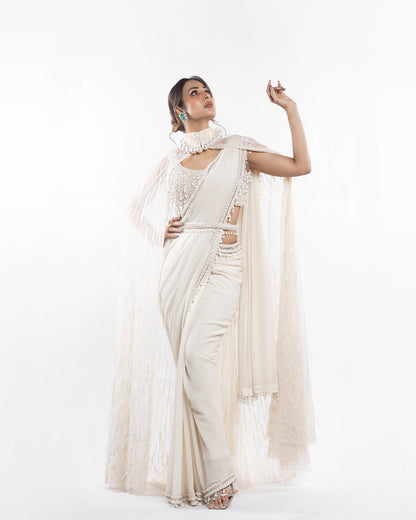 Ivory Foil Georgette Saree Set