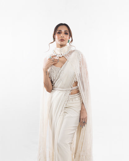 Ivory Foil Georgette Saree Set