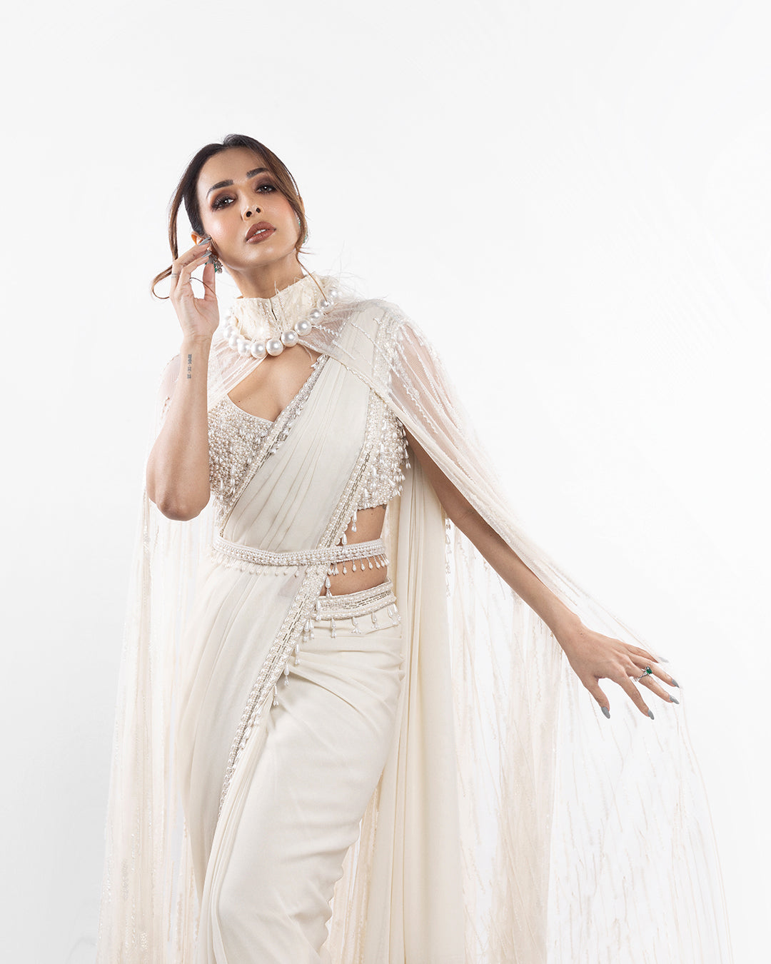 Ivory Foil Georgette Saree Set