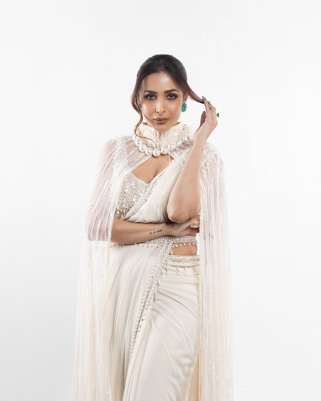 Ivory Foil Georgette Saree Set