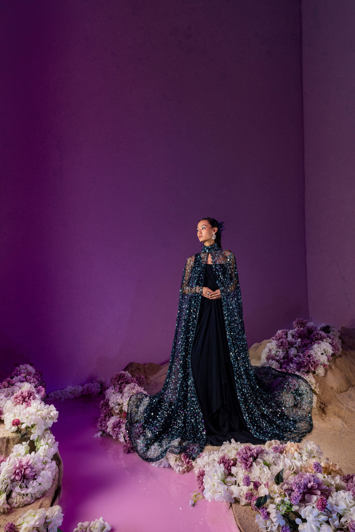 Dark Teal Georgette Gown With Cape