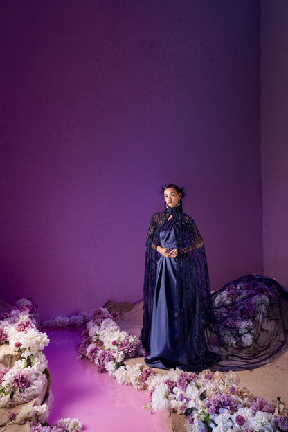 Dark Blue Satin Draped Gown With Cape