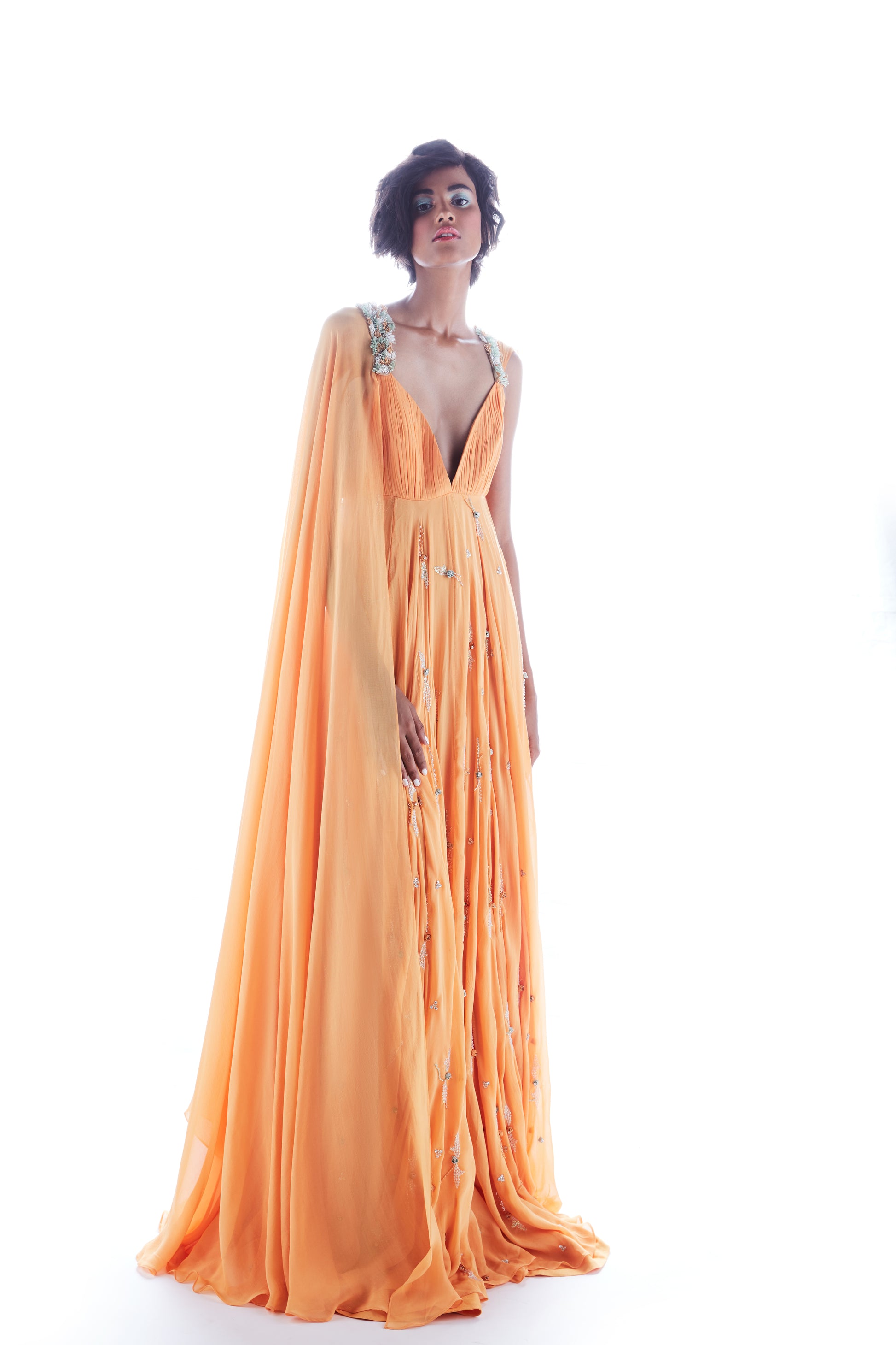 Yellow Hand Embroidered Chiffon Gown