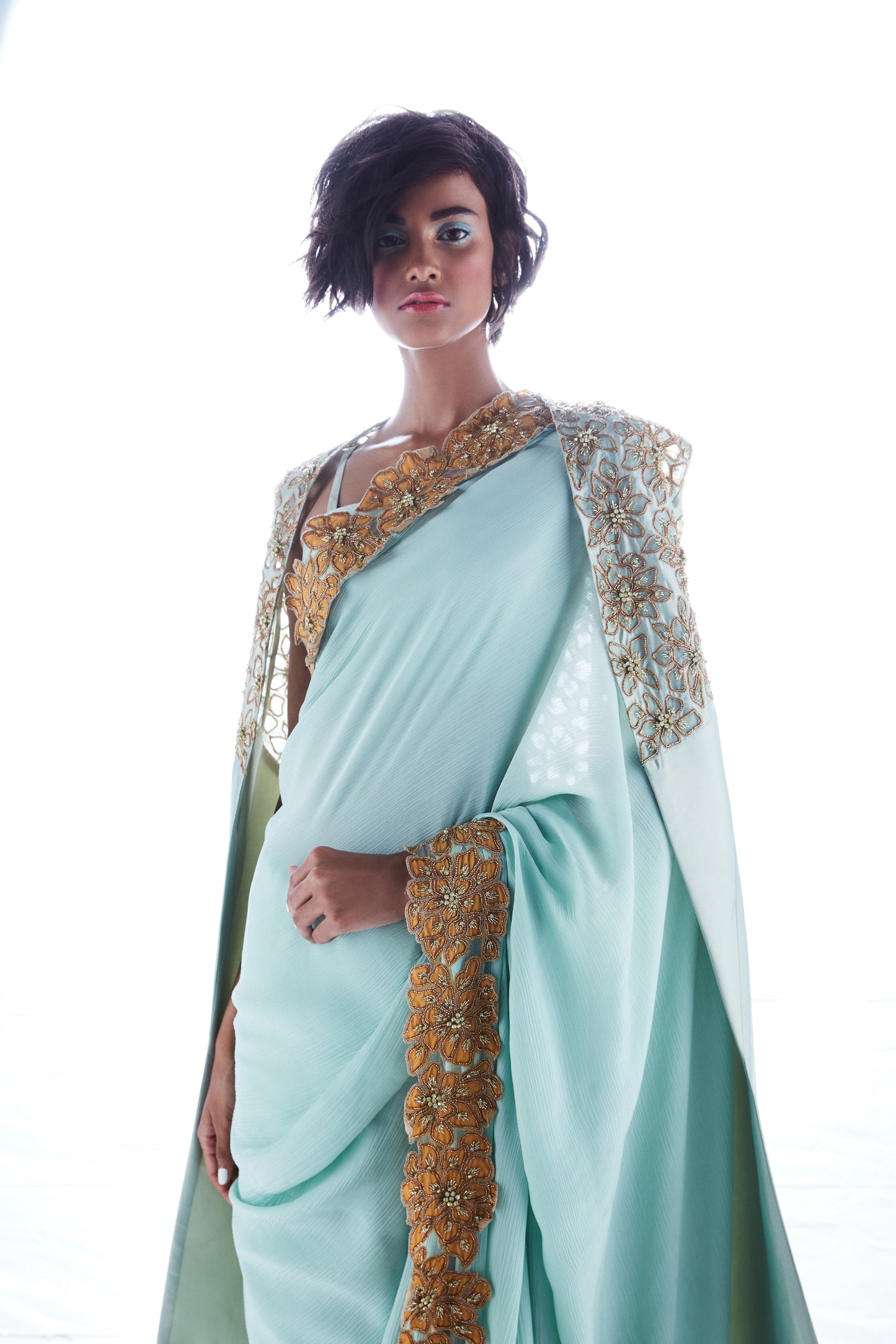 Green Saree With Applique Hand Work