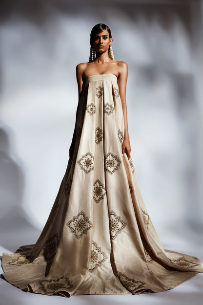 Beige Pleated Silk Gown