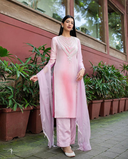 Rose Quartz Kurta Set With Pearls