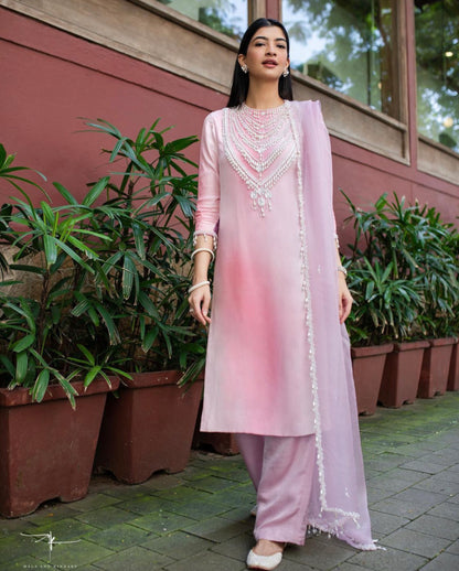 Rose Quartz Kurta Set With Pearls