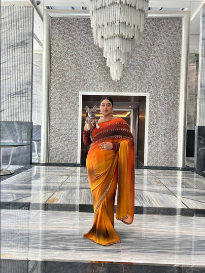 Yellow Ombre Saree Set With Crystals Work