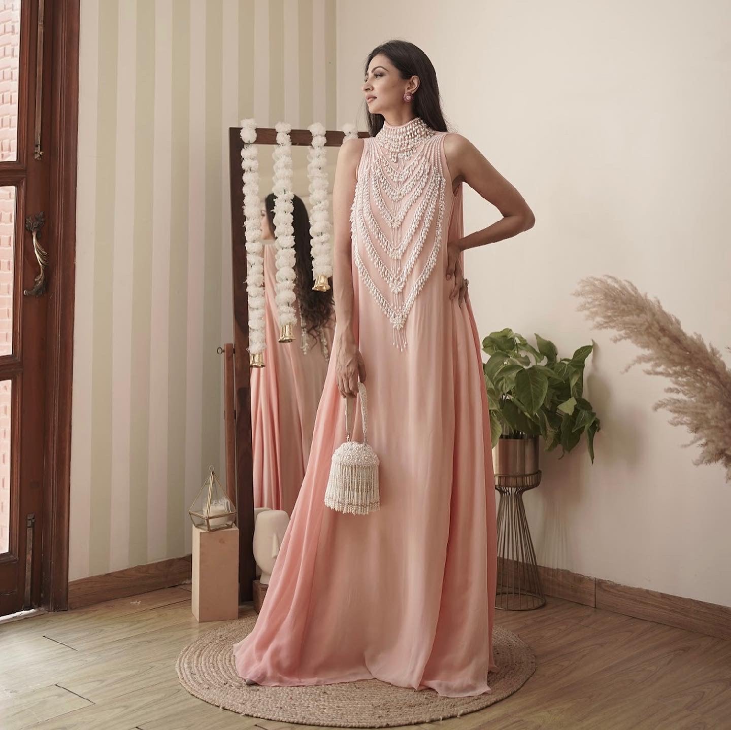Sukhneet Wadhwani in Our Rose Quartz Pearl Cascade Mala Maxi