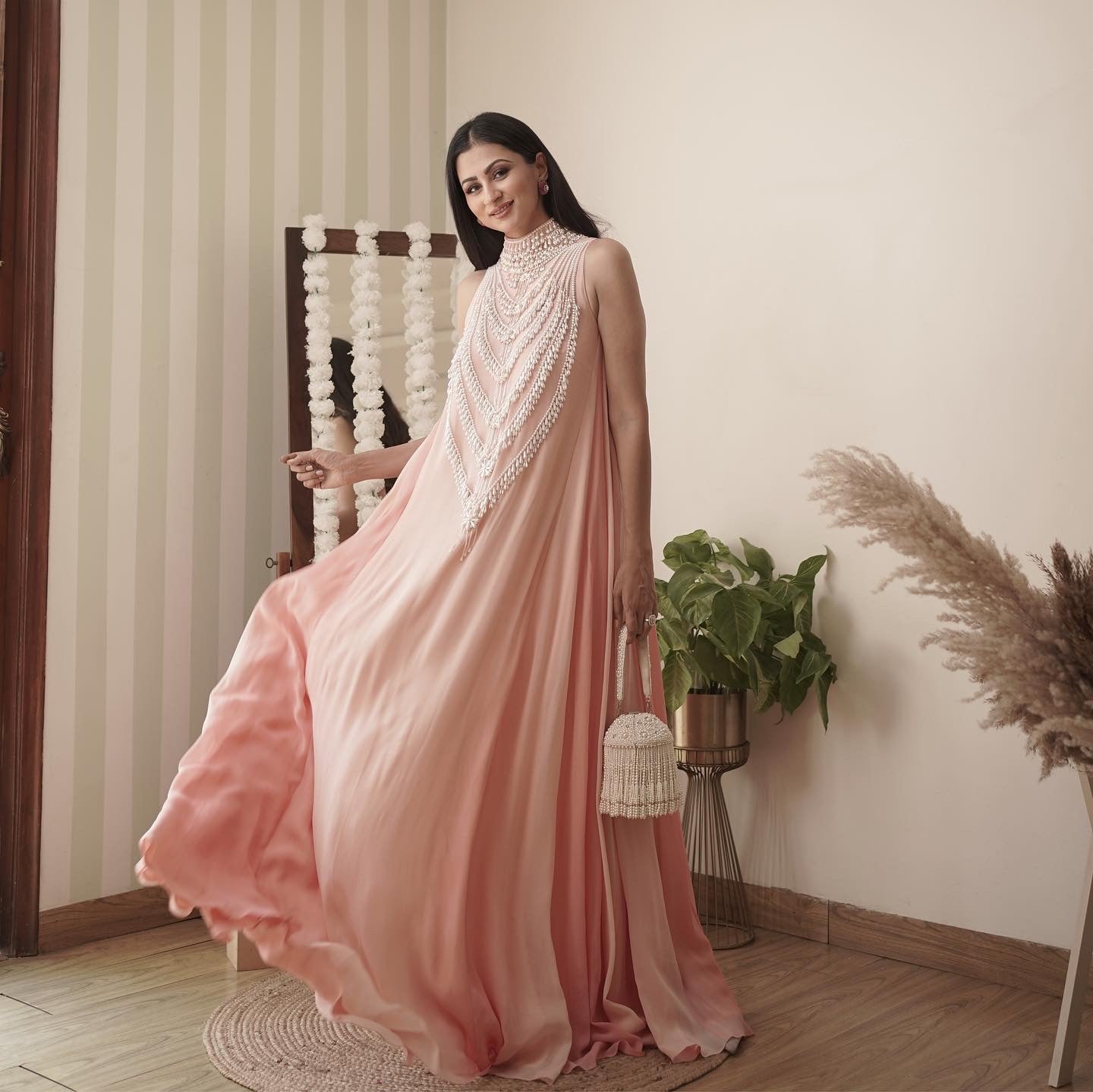 Sukhneet Wadhwani in Our Rose Quartz Pearl Cascade Mala Maxi
