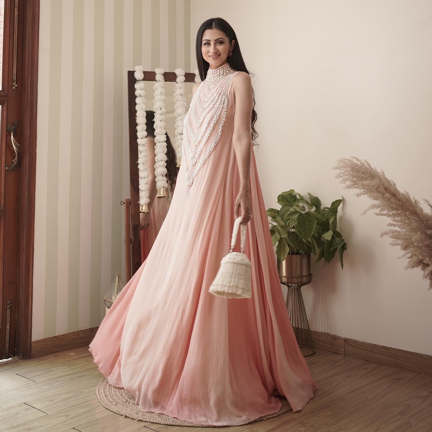Sukhneet Wadhwani in Our Rose Quartz Pearl Cascade Mala Maxi