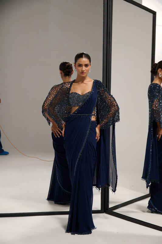 Navy blue saree set with
 crystal cape