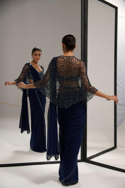 Navy blue saree set with
 crystal cape