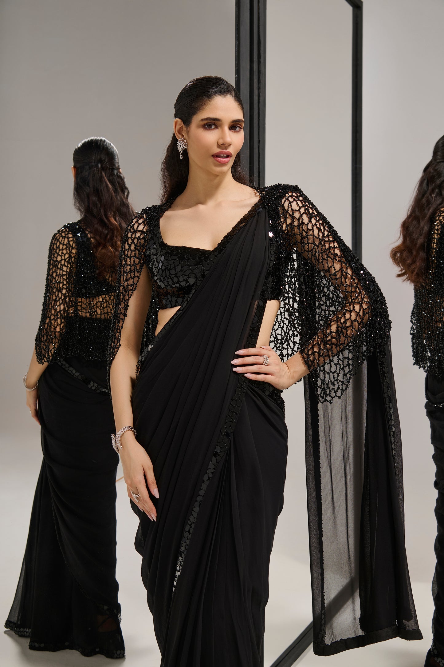 Black mirror saree set with
crystal cape