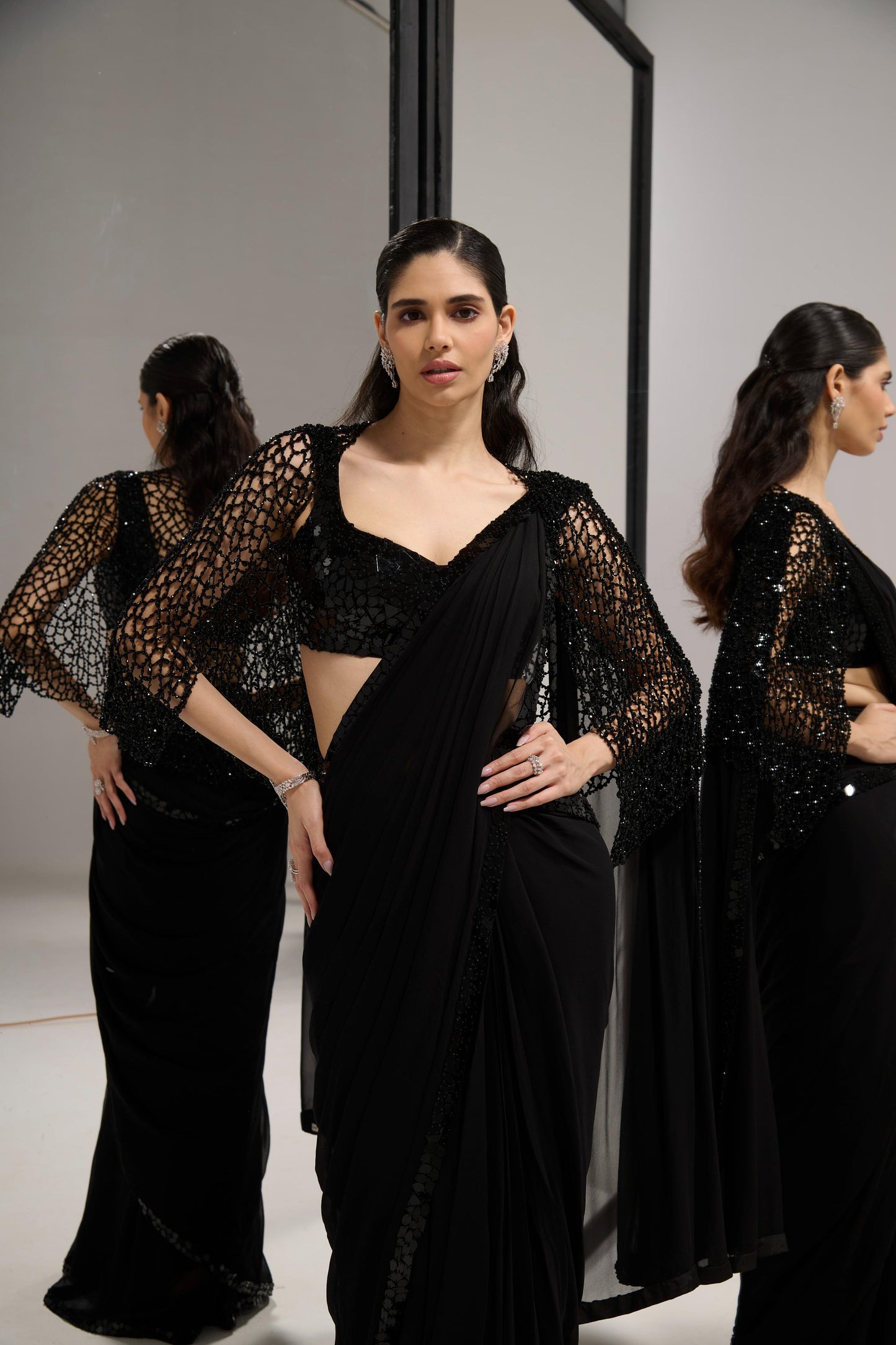 Black mirror saree set with
crystal cape
