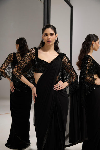 Black mirror saree set with
crystal cape