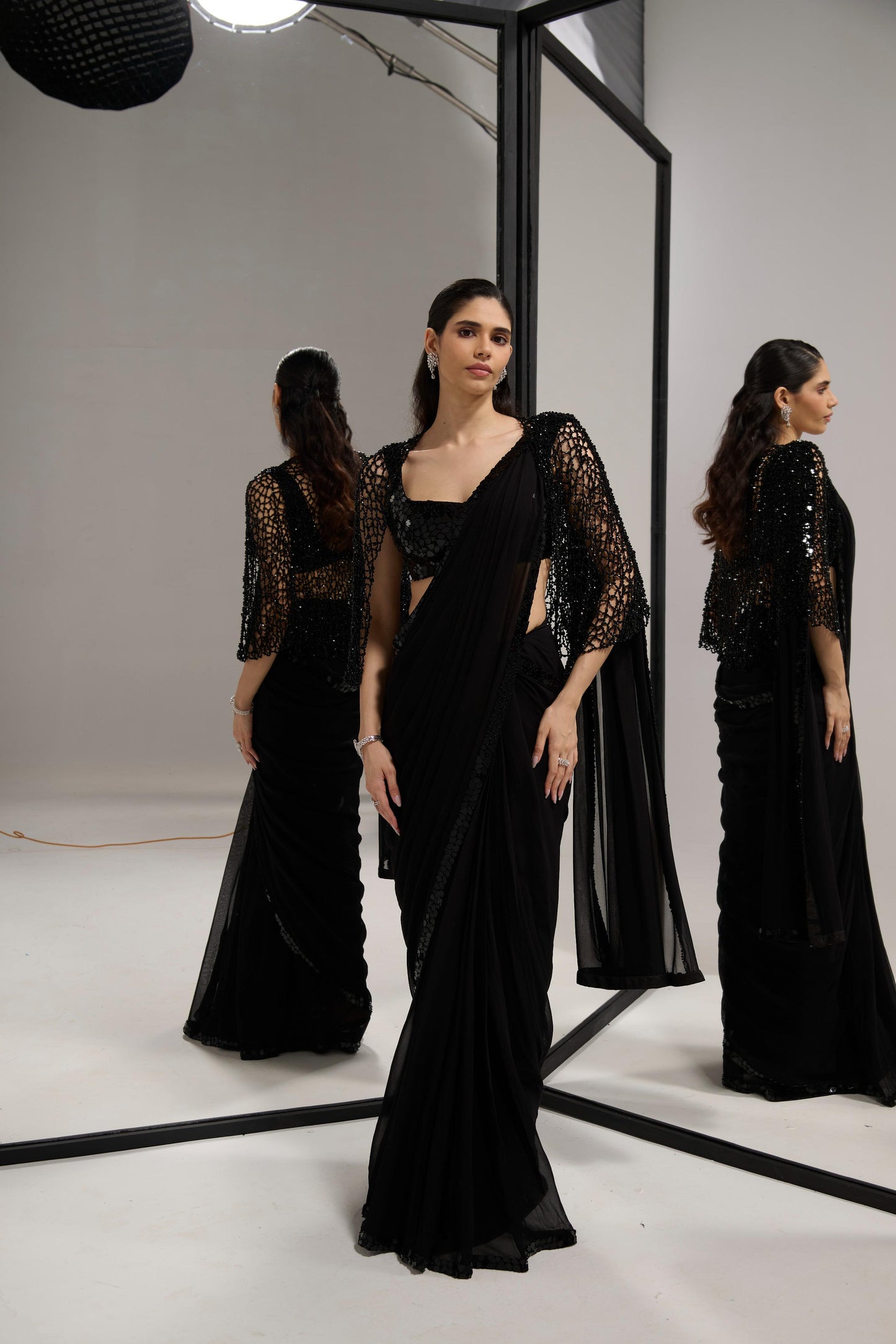 Black mirror saree set with
crystal cape