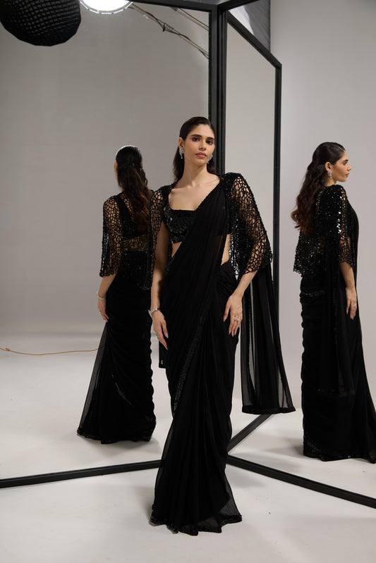 Black mirror saree set with
crystal cape