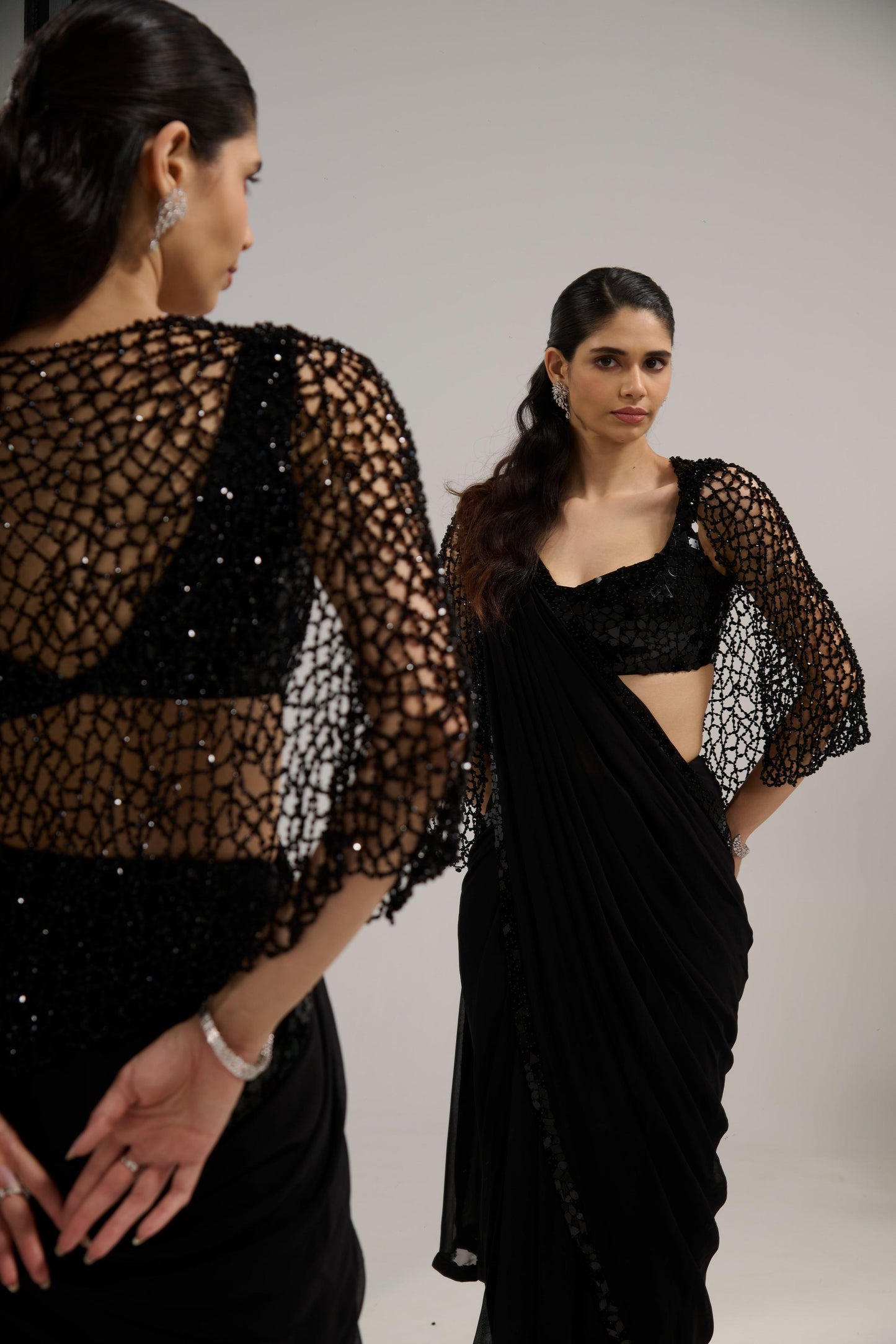 Black mirror saree set with
crystal cape